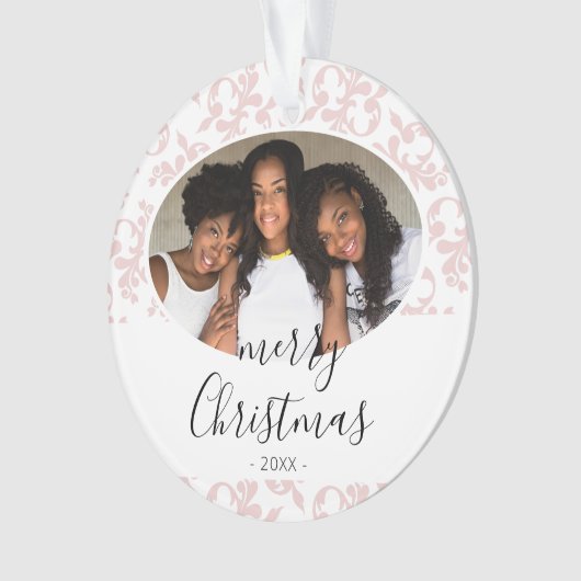 Roze Rococo Prettig Kerst Script Foto Ornament (voorkant)