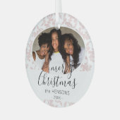 Roze Rococo Prettig Kerstschrift Foto Glas Ornament (Voorkant links)