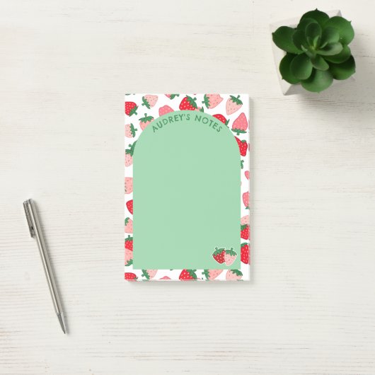 Roze Rode Aardbei Patroon Green Arch Naam toevoege Post-it® Notes (Kantoor)