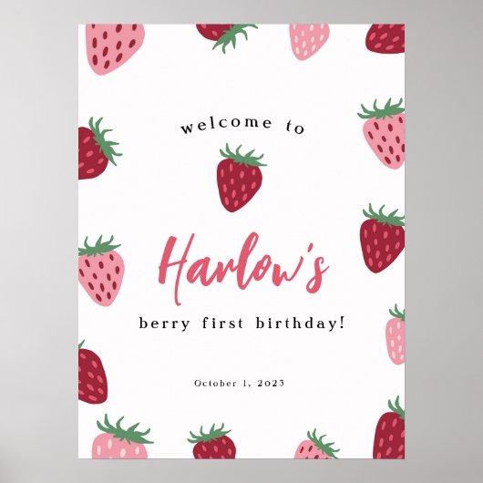 Roze & Rode Aardbeien Berry eerste Verjaardag Welk Poster (Voorkant)