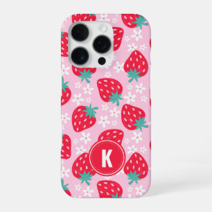 Roze Rode Aardbeien Bloemmotief Monogram iPhone 16 Pro Hoesje