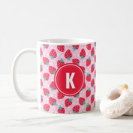 Roze Rode Aardbeien Bloemmotief Monogram Koffiemok (Met donut)