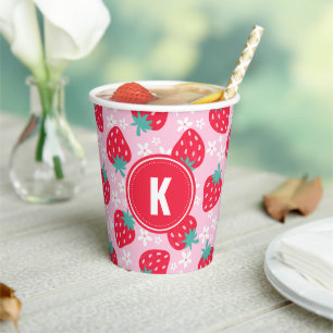 Roze Rode Aardbeien Bloemmotief Monogram Papieren Bekers