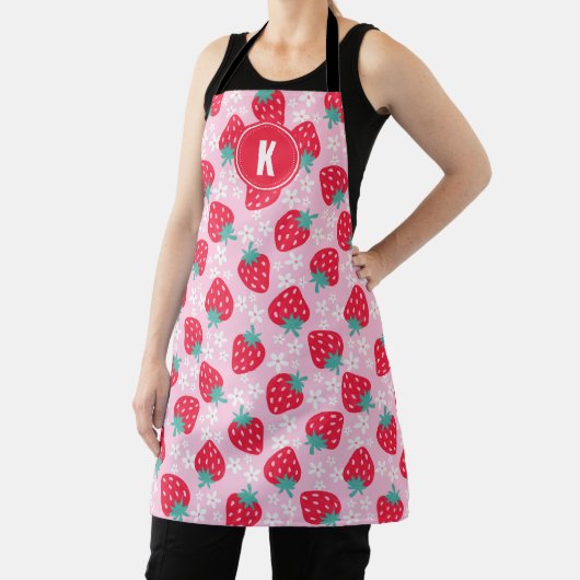 Roze Rode Aardbeien Bloemmotief Monogram Schort (Insitu)