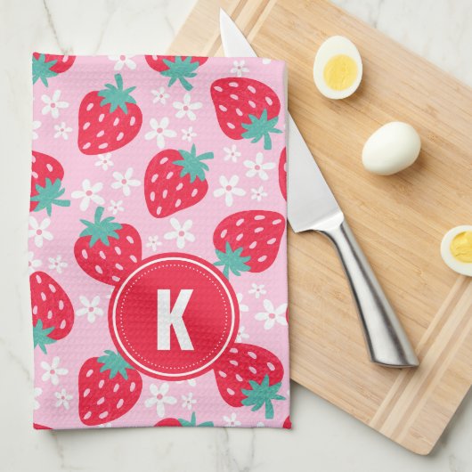 Roze Rode Aardbeien Bloemmotief Monogram Theedoek (Quarter Fold)
