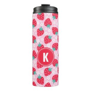 Roze Rode Aardbeien Bloemmotief Monogram Thermosbeker