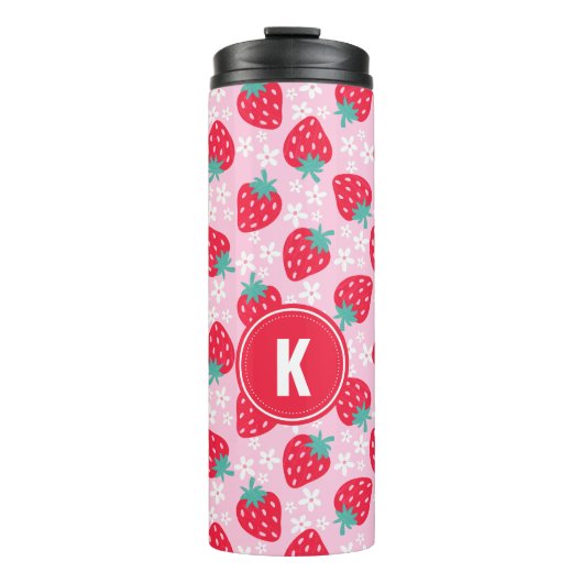 Roze Rode Aardbeien Bloemmotief Monogram Thermosbeker (Voorkant)