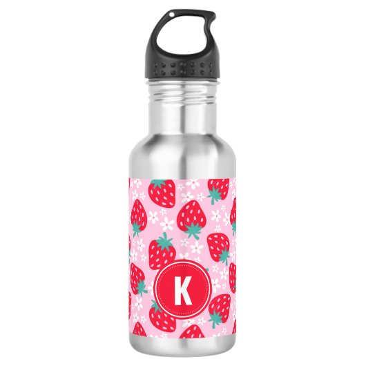 Roze Rode Aardbeien Bloemmotief Monogram Waterfles (Voorkant)