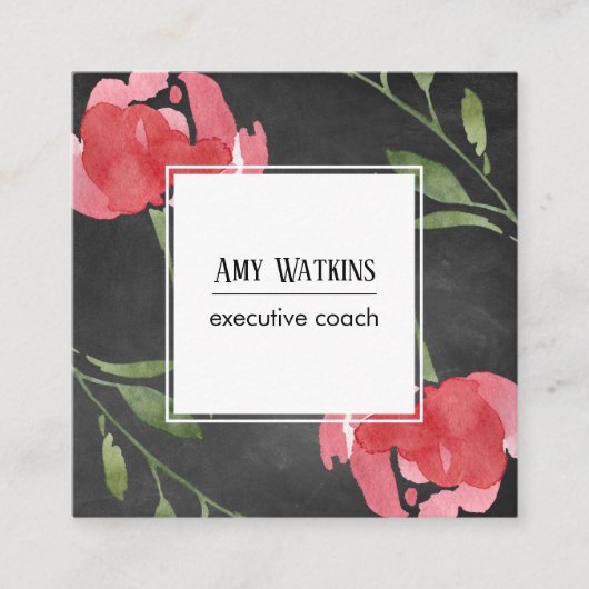 Roze rode Abstracte Rozen Buds Chalkboard Achtergr Vierkante Visitekaartje (Voorkant)