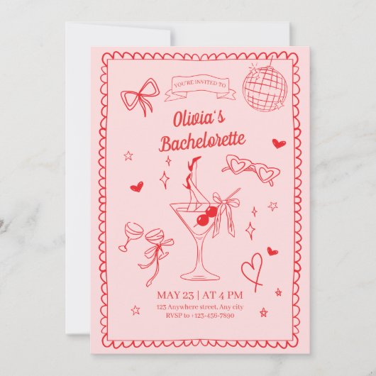Roze Rode Bachelorette Cocktail Party Bachelorette Kaart (Voorkant)