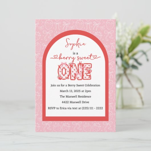 Roze Rode Berry Sweet One Girl 1e verjaardag Kaart (Staand voorkant)