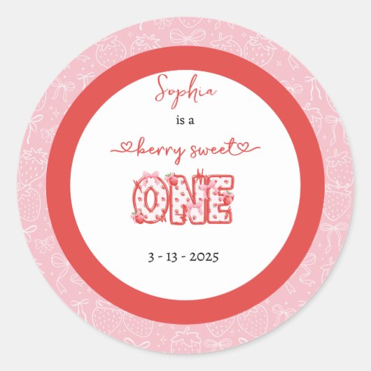 Roze Rode Berry Sweet One Girl 1e verjaardag Ronde Sticker (Voorkant)
