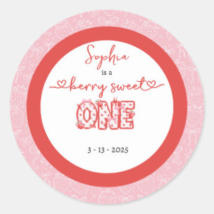 Roze Rode Bes Zoete Eén Meisje 1e Verjaardag Ronde Sticker