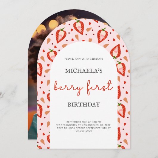 Roze rode bessen eerste verjaardag boog foto kaart (Voorkant / Achterkant)