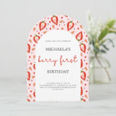 Roze rode bessen eerste verjaardag boog kaart (Staand voorkant)