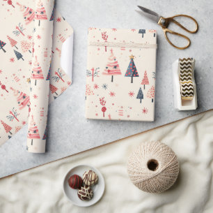 Roze, Rode, Blauwe Boom Festieve Vakantie Kunst Cadeaupapier