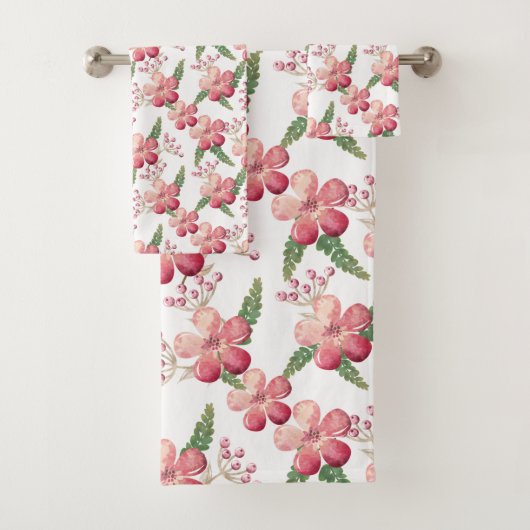 Roze rode bloemen en rode bessen groene bladeren bad handdoek (Insitu)