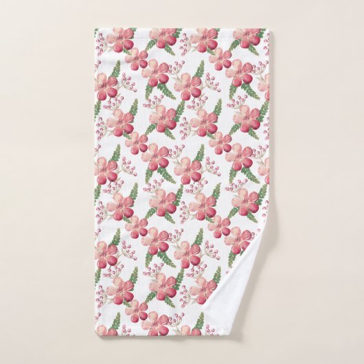 Roze rode bloemen en rode bessen groene bladeren bad handdoek (Handdoek)