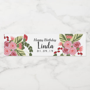 Roze Rode Bloemen Gelukkige Verjaardag    Waterfles Etiket