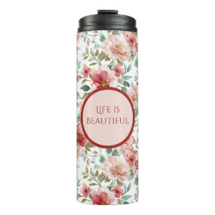 Roze Rode Bloemen Gepersonaliseerde Quote Thermosbeker