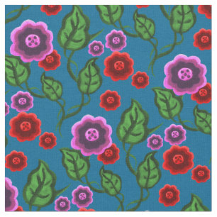 Roze/rode bloemen/groene bladeren/Folkbloem/blauw Stof