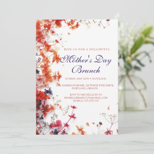 Roze & Rode Bloemen Moederdag Brunch Uitnodiging (Staand voorkant)