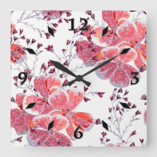 Roze rode bloemen op wit. vierkante klok