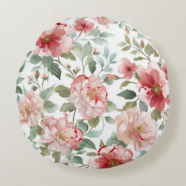Roze Rode Bloemen Rond Kussen (Voorkant)