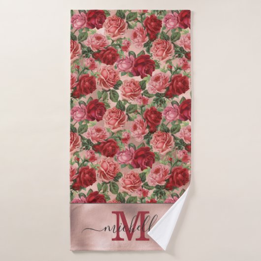 Roze Rode Bloemen Roze Rose Goud Monogrammed Badhanddoek (Badhanddoek)