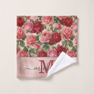  Roze Rode Bloemen Roze Rose Goud Monogrammed Washandje
