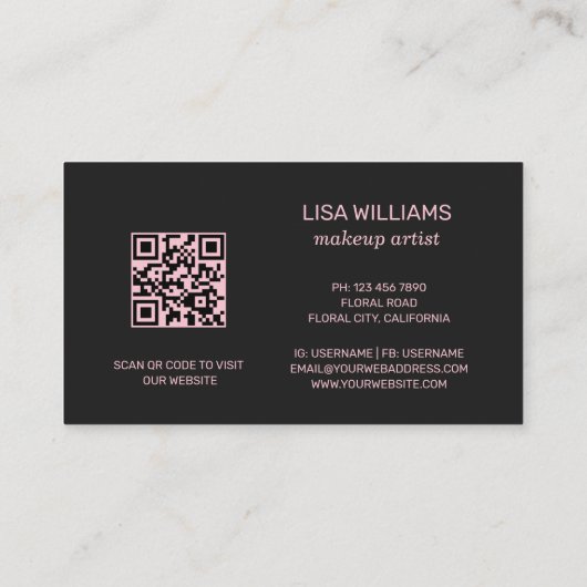 Roze Rode Bloemen Zwart Al QR Code Visitekaartje (Achterkant)