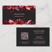 Roze Rode Bloemen Zwart Al QR Code Visitekaartje (Voorkant / Achterkant)