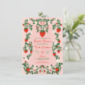 Roze & Rode Bloemengewassen Aardbeien Bruiloftsont Kaart (Staand voorkant)