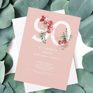 Roze & Rode Bloemige Elegante 90ste Verjaardagsfee Kaart
