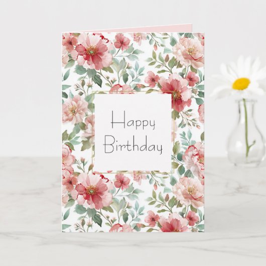 Roze Rode Bloemige Verjaardag Kaart (Kleine Plant)