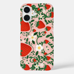 Roze & Rode Bloemige Wijnranken Aardbei Schattig iPhone 16 Hoesje