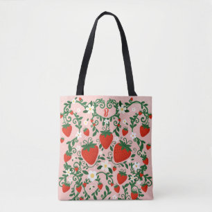 Roze & Rode Bloemige Wijnranken Aardbei Schattig Tote Bag