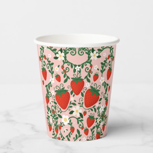 Roze & Rode Bloemranken Aardbei Papieren Bekers (Achterkant)
