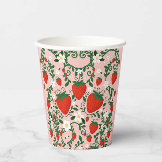 Roze & Rode Bloemranken Aardbei Papieren Bekers (Voorkant)