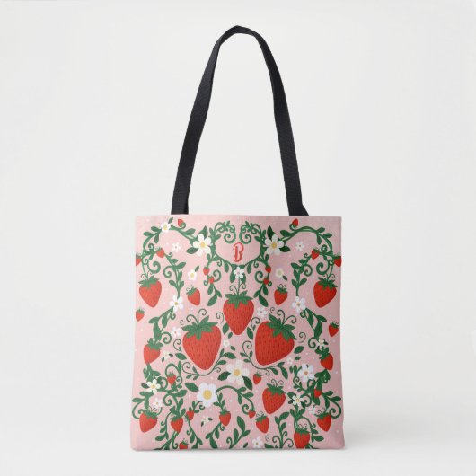 Roze & Rode Bloemranken Aardbei Schattig Tote Bag (Voorkant)