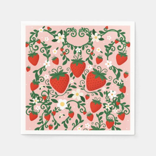 Roze & Rode Bloemranken Aardbei Stickers Servet (Voorkant)
