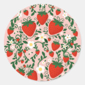 Roze & Rode Bloemranken Aardbeien Feest Ronde Sticker (Voorkant)