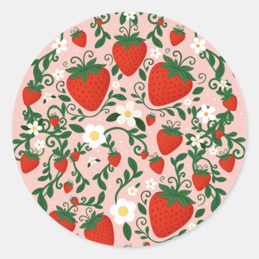 Roze & Rode Bloemranken Aardbeien Feest Ronde Sticker (Voorkant)