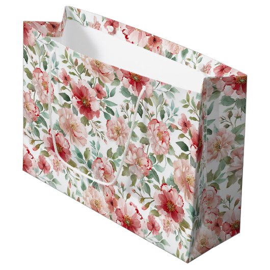 Roze Rode Bloemrijke Bruidsdouche Groot Cadeauzakje (Voorkant Gekanteld)