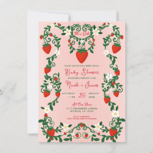 Roze & Rode Bloemslingers Aardbei Baby Shower Kaart