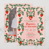 Roze & Rode Bloemwijnstokken Aardbei 1e Verjaardag Kaart (Voorkant / Achterkant)