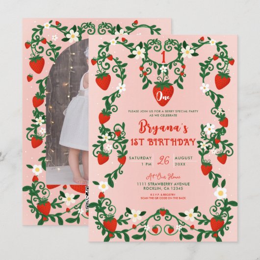 Roze & Rode Bloemwijnstokken Aardbei 1e Verjaardag Kaart (Voorkant / Achterkant)