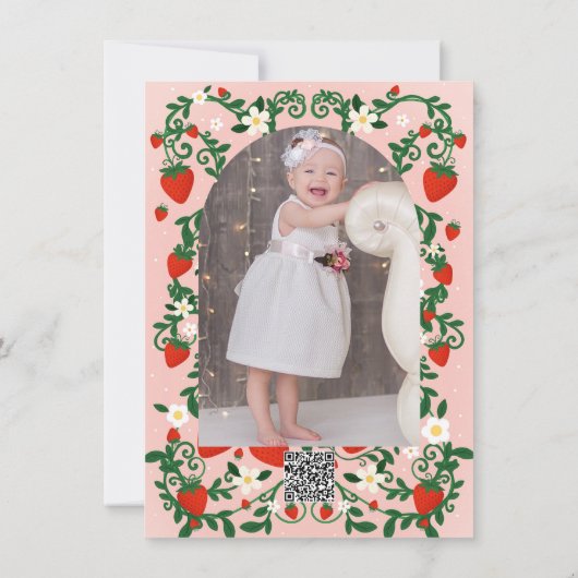 Roze & Rode Bloemwijnstokken Aardbei 1e Verjaardag Kaart (Achterkant)