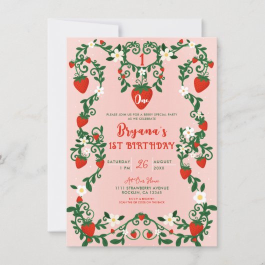 Roze & Rode Bloemwijnstokken Aardbei 1e Verjaardag Kaart (Voorkant)