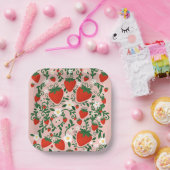 Roze & Rode Bloemwijnstokken Aardbei Party Sticker Papieren Bordje (Feest)